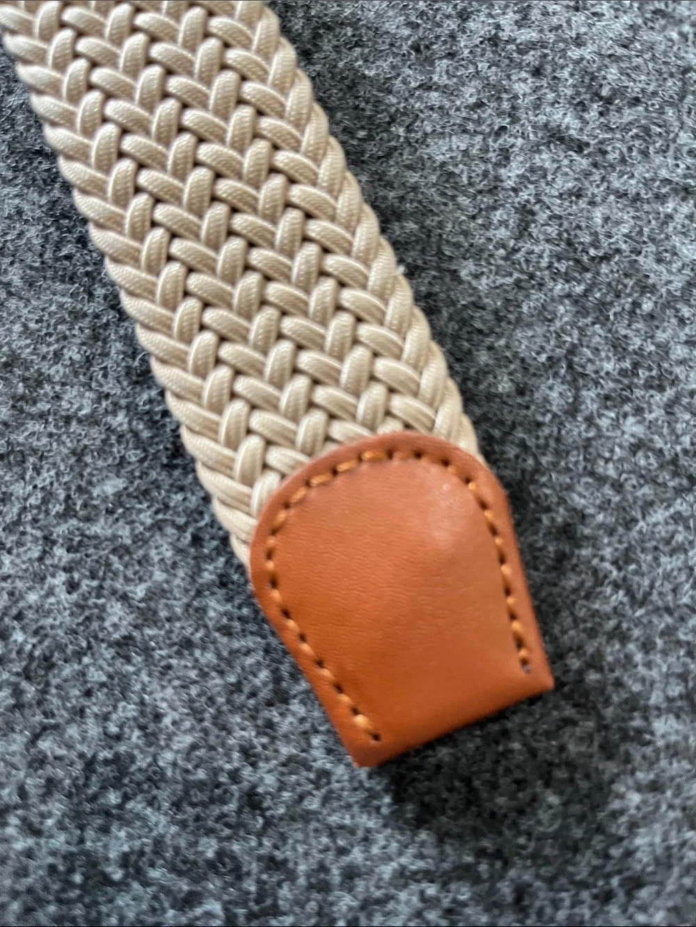 Stretch Woven Elastic Belt in Beige with Brown Leather Trim